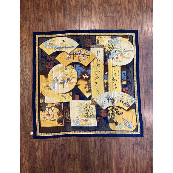 NEW Asilk Women’s Traditional Japanese SILK Scarf 42” Square Yellow & Blue Fine! - Picture 1 of 7